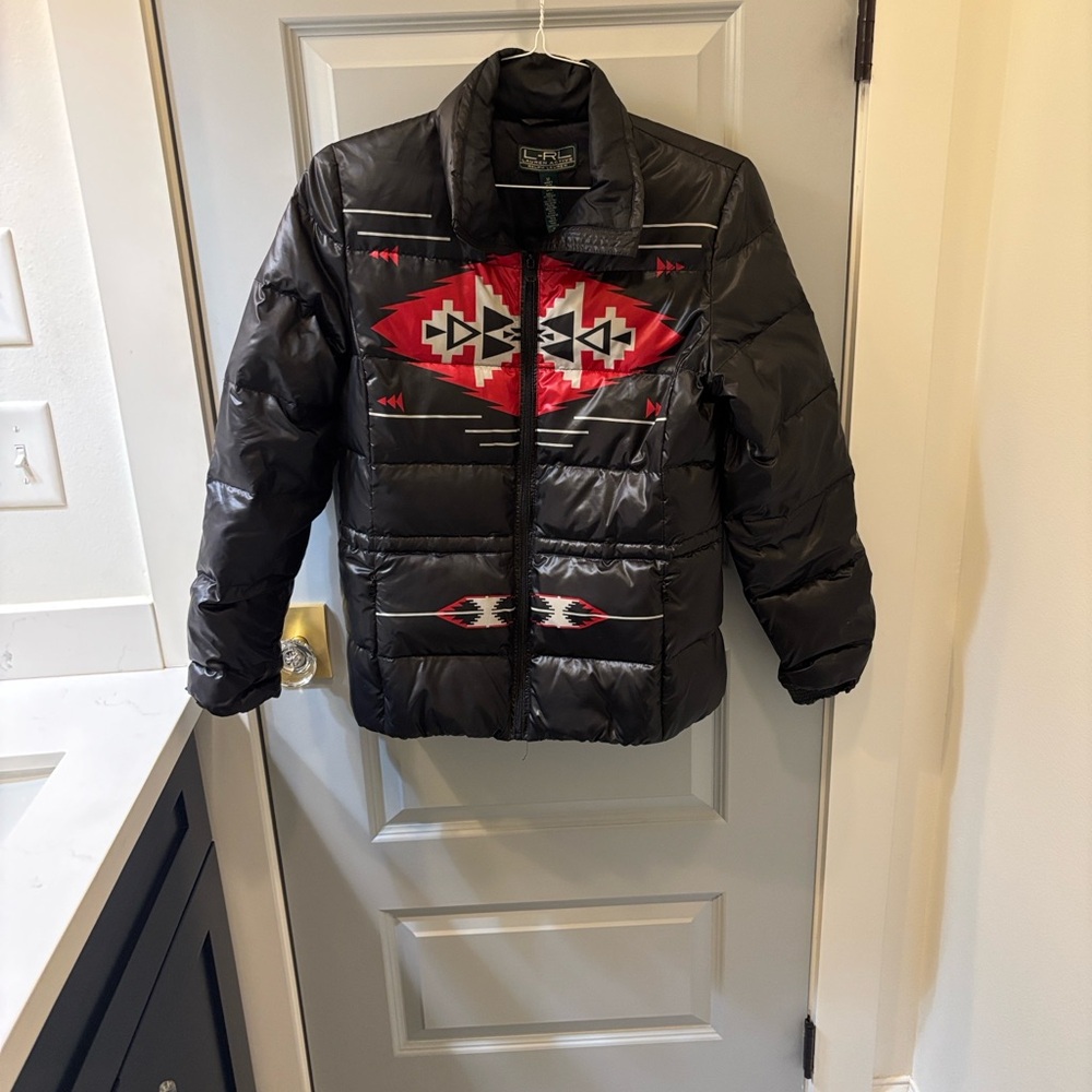Ralph Lauren Black Puffer Jacket with Red and White Pattern